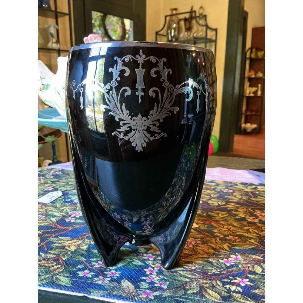 Vintage 9" Duncan & Miller Ebony Rocket Vase With Sterling‎ Silver Overlay